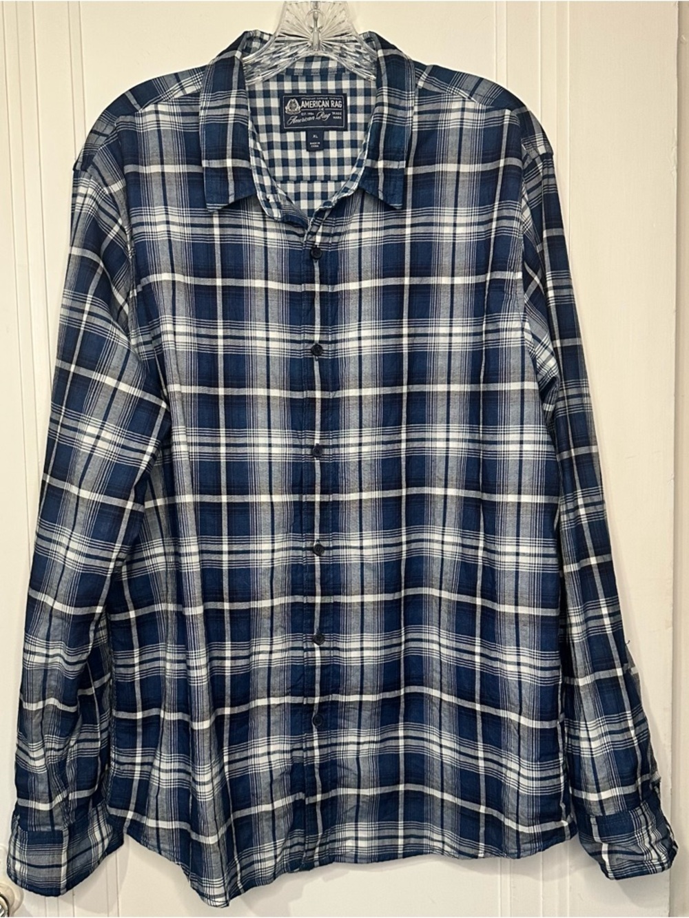American Rag Navy and White Gingham Button-Up Shirt 100% cotton
